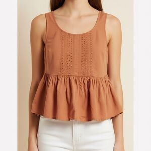 Anthropologie x Vanessa Virginia Sienna Tan Peplum Eyelet Tank‎ Top. Size 2